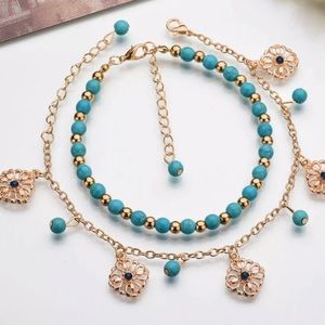 2 Pc Ankle Bracelet Turquoise and Gold